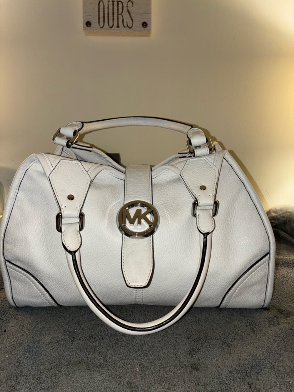Michael Kors White Pebbled Leather Satchel with Logo Medallion